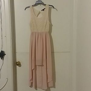 Lace top, sheer bottom, hi low dress